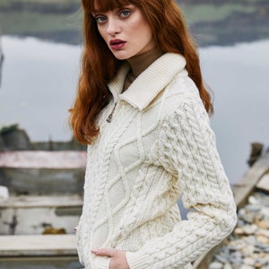 Aran Cable Knit Bomber Jacket, 100% Merino Cable Knit Cardigan Sweater for Women, Made in Ireland Natural White