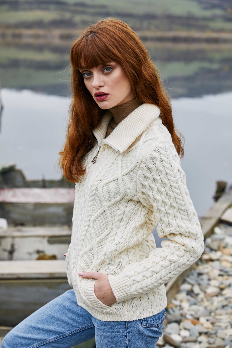 Aran Cable Knit Bomber Jacket, 100% Merino Cable Knit Cardigan Sweater for Women, Made in Ireland Natural White
