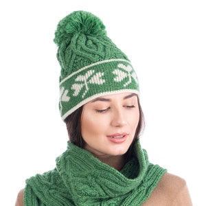 Irish Shamrock Aran Wool Hat — Pom Pom Beanie for Women — 100% Pure Merino Wool Knit Cap for Ladies — Exceptionally Soft and Super Warm