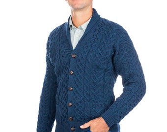 Irish Fisherman V-neck Shawl Collar Cardigan, 100% Pure Merino Wool Aran Button Cardigan With Pockets, Warm & Comfortable, Made In Ireland