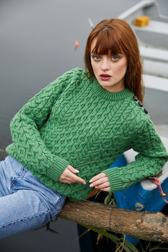 Irish Aran Fisherman Side Button Sweater Ladies, 100% Premium Heavyweight  Merino Wool Cable Knit Jumper Crew Neck 3 Buttons Closure 