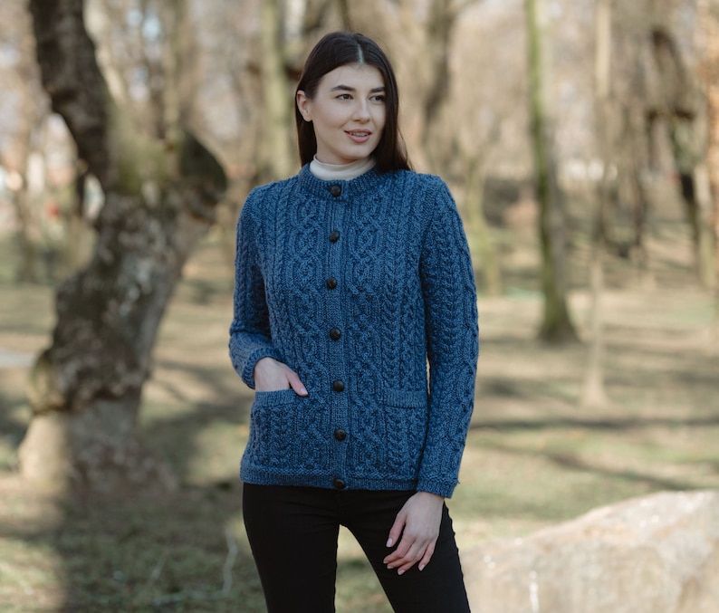 Saol AranTraditional Button Irish Cardigan Sweater 100% Merino Wool Cable Knit Jacket Soft & Warm Button Closure Front Pockets Marl Blue