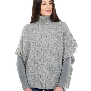 Fisherman Aran Cowl Neck Wool Knit Cape for Women: 100% Merino Wool Beautiful, Soft, Warm, & Durable Poncho Irish Knitting One Size Gray