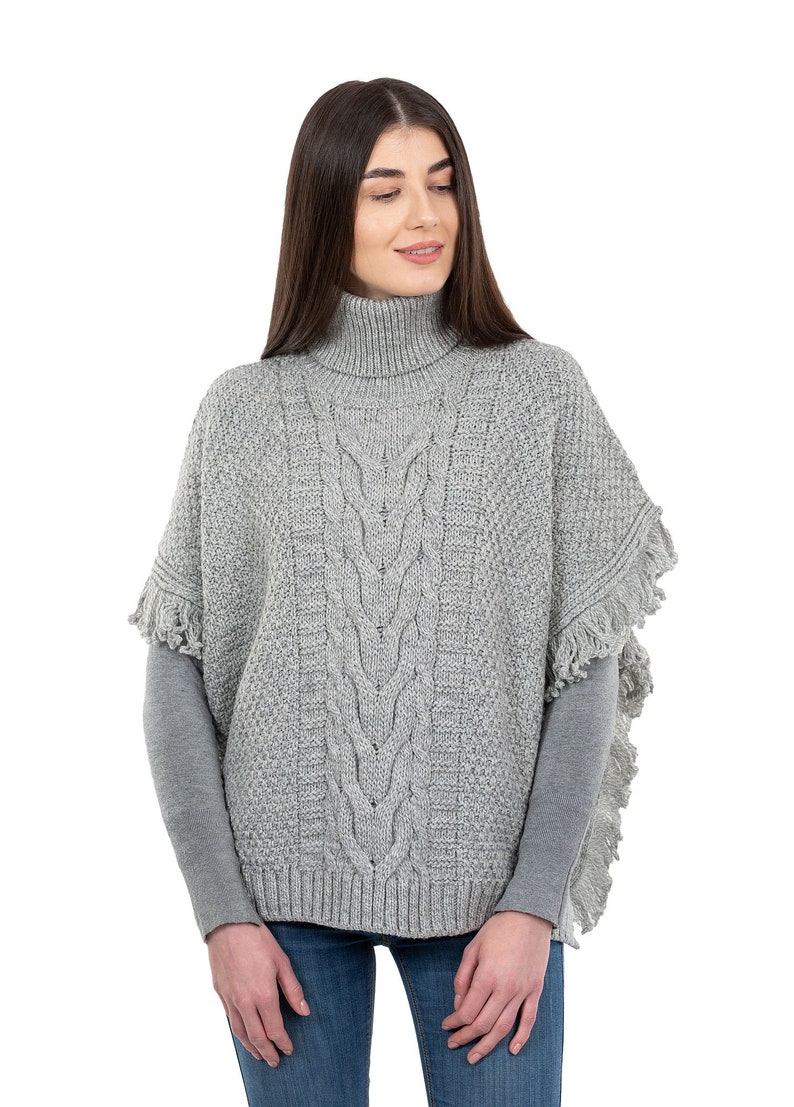 Fisherman Aran Cowl Neck Wool Knit Cape for Women: 100% Merino Wool Beautiful, Soft, Warm, & Durable Poncho Irish Knitting One Size Gray