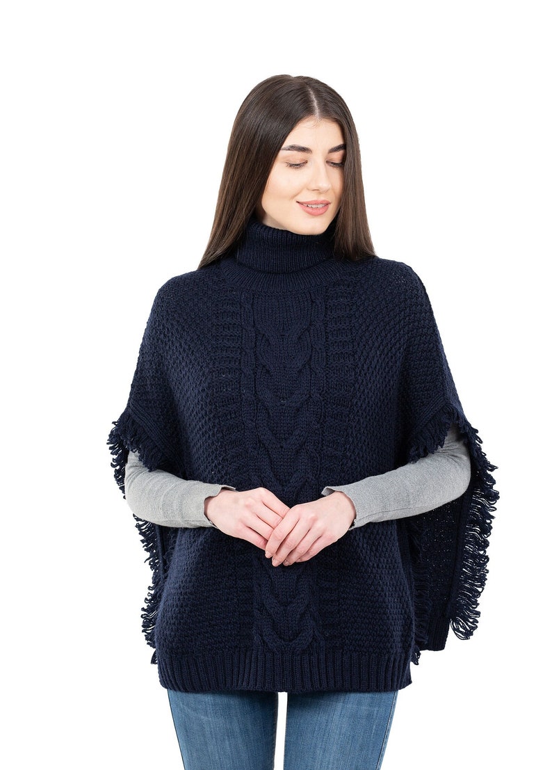 Fisherman Aran Cowl Neck Wool Knit Cape for Women: 100% Merino Wool Beautiful, Soft, Warm, & Durable Poncho Irish Knitting One Size Navy Blue