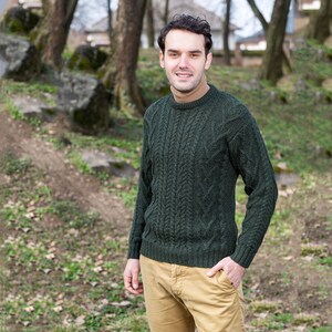 Saol Irish Aran Sweater for Men, 100% Merino Wool Fisherman Sweater, Crew Neck Cable Knit Sweater, Ireland Knitted Jumper, Made in Ireland Army Green