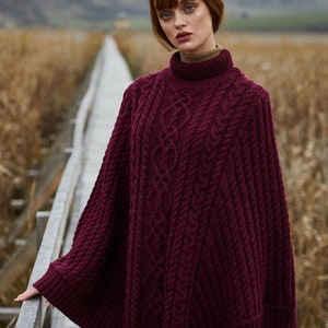 Saol Aran Fisherman Cable Knit Poncho, Turtleneck Merino Wool Poncho, Irish Merino Wool Poncho in White & Wine Color, Made in Ireland image 4