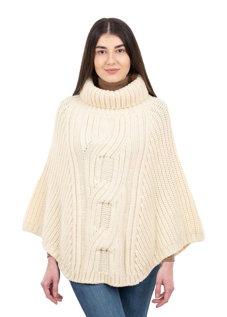 Aran Fisherman Sweater Poncho 100% Merino Wool Irish Traditional Turtleneck Knit Cape Soft, Warm Winter Poncho for Women One Size Natural White