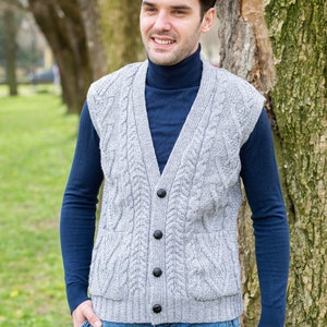 Aran Irish Vest with Buttons & Pockets for Men, 100% Merino Wool Knit Waistcoat, Sleeveless Knit Open Cardigan, Made in Ireland image 9