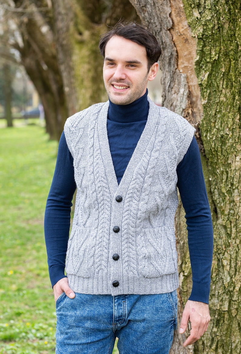 Aran Irish Vest with Buttons & Pockets for Men, 100% Merino Wool Knit Waistcoat, Sleeveless Knit Open Cardigan, Made in Ireland image 9
