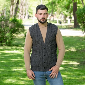 Aran Irish Vest with Buttons & Pockets for Men, 100% Merino Wool Knit Waistcoat, Sleeveless Knit Open Cardigan, Made in Ireland Charcoal