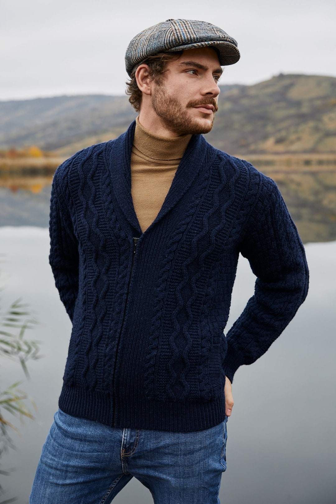 Aran Fisherman Zipper Knit Cardigan Fisherman V-neck Cable - Etsy