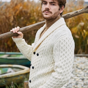 Irish Aran Fisherman Breasted Jacket Cardigan, 100% Merino Wool Cable Knit Heavyweight Sweater Cardigan, Shawl V-neck Collar Cardigan Men image 5