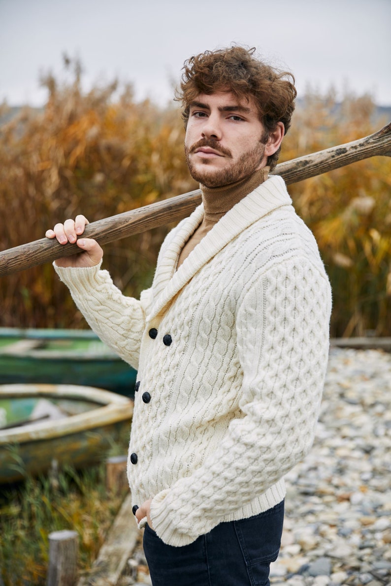 Irish Aran Fisherman Breasted Jacket Cardigan, 100% Merino Wool Cable Knit Heavyweight Sweater Cardigan, Shawl V-neck Collar Cardigan Men image 5