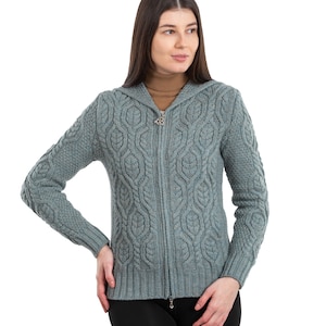 SAOL Aran Hooded Cardigan for Women, 100% Merino Wool Cable Knit Cardigan, Soft & Warm Hoodie Jacket, Made in Ireland Skylight