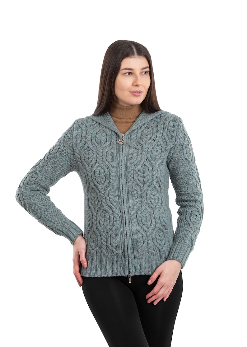 SAOL Aran Hooded Cardigan for Women, 100% Merino Wool Cable Knit Cardigan, Soft & Warm Hoodie Jacket, Made in Ireland Skylight