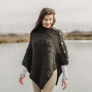 Saol Aran Traditional Cable Knit Cowl Neck Poncho, 100% Premium Quality Merino Wool Shawl, Fisherman Poncho For Women, Made In Ireland Charcoal Grey