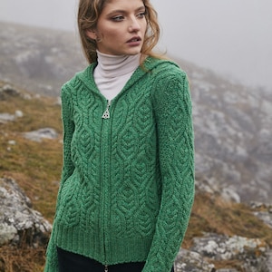 SAOL Aran Hooded Cardigan for Women, 100% Merino Wool Cable Knit Cardigan, Soft & Warm Hoodie Jacket, Made in Ireland