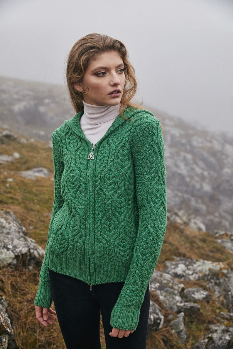 SAOL Aran Hooded Cardigan for Women, 100% Merino Wool Cable Knit Cardigan, Soft & Warm Hoodie Jacket, Made in Ireland Green