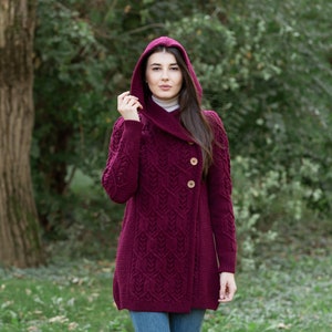 SAOL Aran Leaf Coat Cardigan for Women, Double Breasted Buttoned Cardigan with Hood for Lady, 100 Pure Merino Wool Coat, Made in Ireland image 4