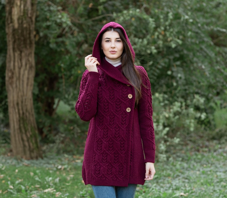 SAOL Aran Leaf Coat Cardigan for Women, Double Breasted Buttoned Cardigan with Hood for Lady, 100 Pure Merino Wool Coat, Made in Ireland image 4