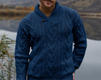 Aran Fisherman Men's Shawl Collar Cable Knit Ireland Sweater: 100% Merino Wool Jumper — Soft & Warm Pullover — Pockets, Single Button