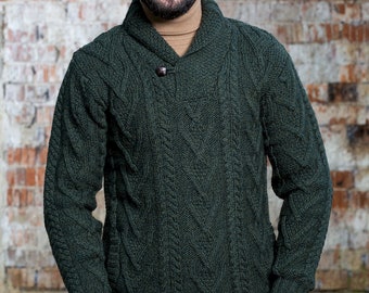 Irish Aran Sweater — 100% Merino Wool Sweater — Men's Shawl Collar Cable Knit Ireland Pullover: Soft & Warm Jumper — Pockets, Single Button