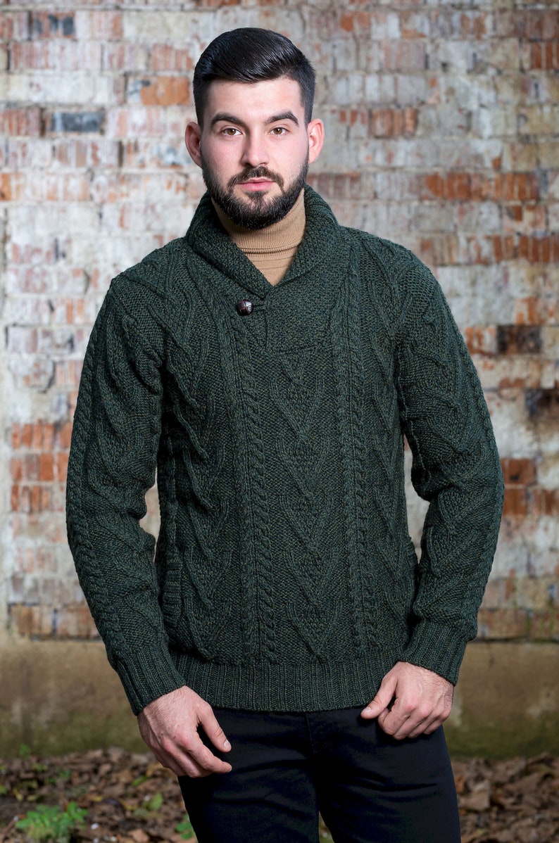 Irish Aran Sweater 100% Merino Wool Sweater Men's Shawl Collar Cable Knit Ireland Pullover: Soft & Warm Jumper Pockets, Single Button image 1