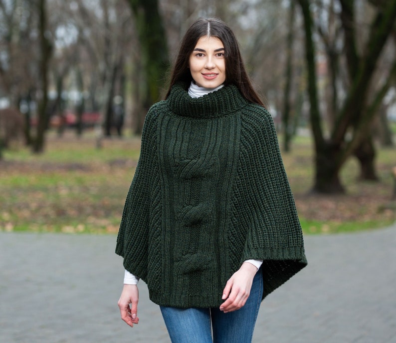 Aran Fisherman Sweater Poncho 100% Merino Wool Irish Traditional Turtleneck Knit Cape Soft, Warm Winter Poncho for Women One Size Army Green