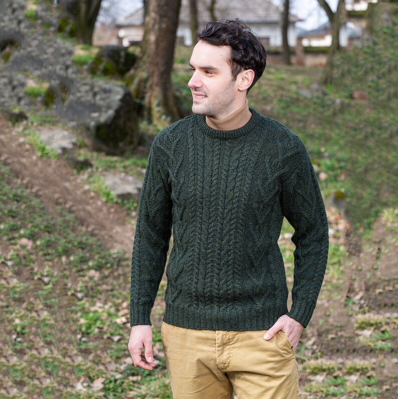 Saol Irish Aran Sweater for Men, 100% Merino Wool Fisherman Sweater, Crew Neck Cable Knit Sweater, Ireland Knitted Jumper, Made in Ireland image 3