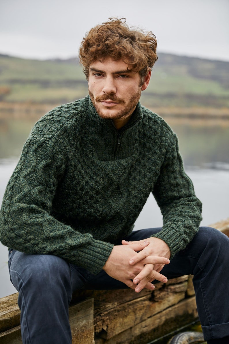 Aran Fisherman Half Zip Sweater Cardigan, 100% Pure Merino Wool Cable Knit Cardigan for Men, Made in Ireland image 1