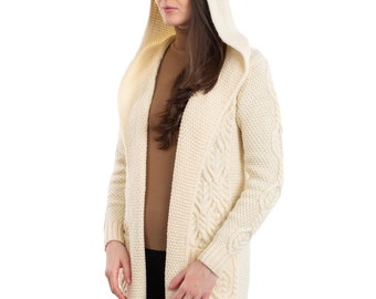 Irish Fisherman Aran Classic Fit Long Cardigan w/ Pockets and Hood: 100% Merino Wool Jacket - Soft & Warm Knit Coatigan - Irish Wool Coat