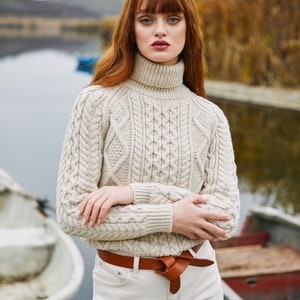 Saol Fisherman Aran Cable Knit Turtle Neck Sweater, Merino Wool ...