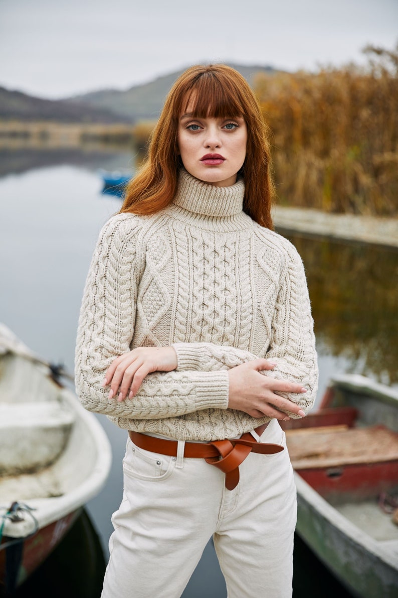 Saol Fisherman Aran Cable Knit Turtle Neck Sweater, Merino Wool Fisherman Jumper for Women, Cable Knit Sweater for Ladies, Made in Ireland image 3