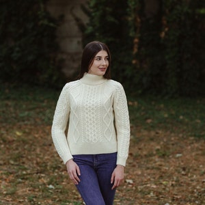 Saol Fisherman Aran Cable Knit Turtle Neck Sweater, Merino Wool Fisherman Jumper for Women, Cable Knit Sweater for Ladies, Made in Ireland image 9