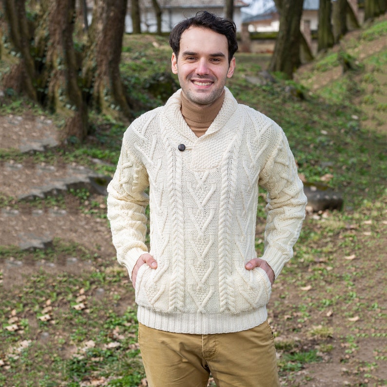 Irish Aran Sweater 100% Merino Wool Sweater Men's Shawl Collar Cable Knit Ireland Pullover: Soft & Warm Jumper Pockets, Single Button image 5