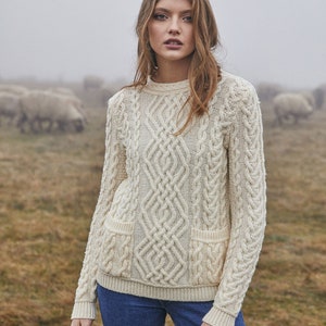 SAOL Aran Cable Knit Crew Sweater, 100% Merino Wool Fisherman Sweater, Traditional Sweater with Front Pockets for Ladies, Made in Ireland