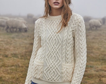 SAOL Aran Cable Knit Crew Sweater, 100% Merino Wool Fisherman Sweater, Traditional Sweater with Front Pockets for Ladies, Made in Ireland