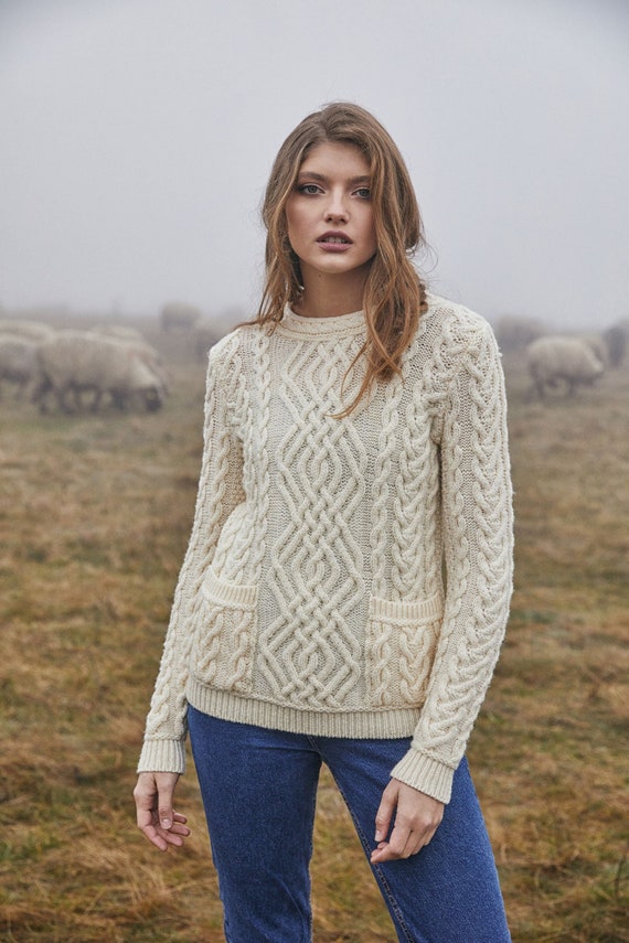 SAOL Aran Cable Knit Crew Sweater, 100% Merino Wool Fisherman Sweater,  Traditional Sweater With Front Pockets for Ladies, Made in Ireland 