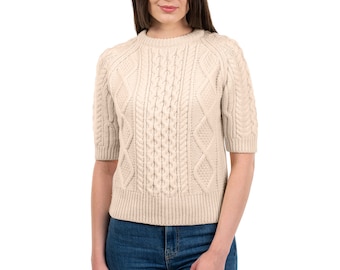 SAOL Aran Fisherman Short Sleeve Sweater, Cable Knit Merino Wool Jumper for Women, Traditional Crew Neck Sweater Women, Made in Ireland