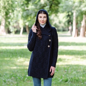 SAOL Aran Leaf Coat Cardigan for Women, Double Breasted Buttoned Cardigan with Hood for Lady, 100 Pure Merino Wool Coat, Made in Ireland image 9