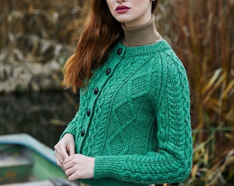 Saol Aran Buttoned Cardigan, Merino Wool Cable Knit Cardigan Sweater, Fisherman Crew Neck Wool Jacket, Made in Ireland