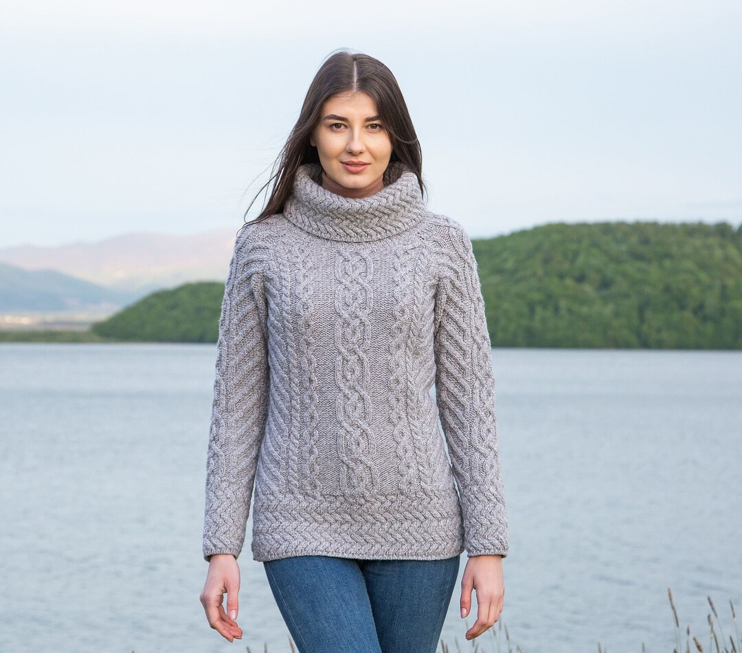 aran shawl neck fisherman sweater