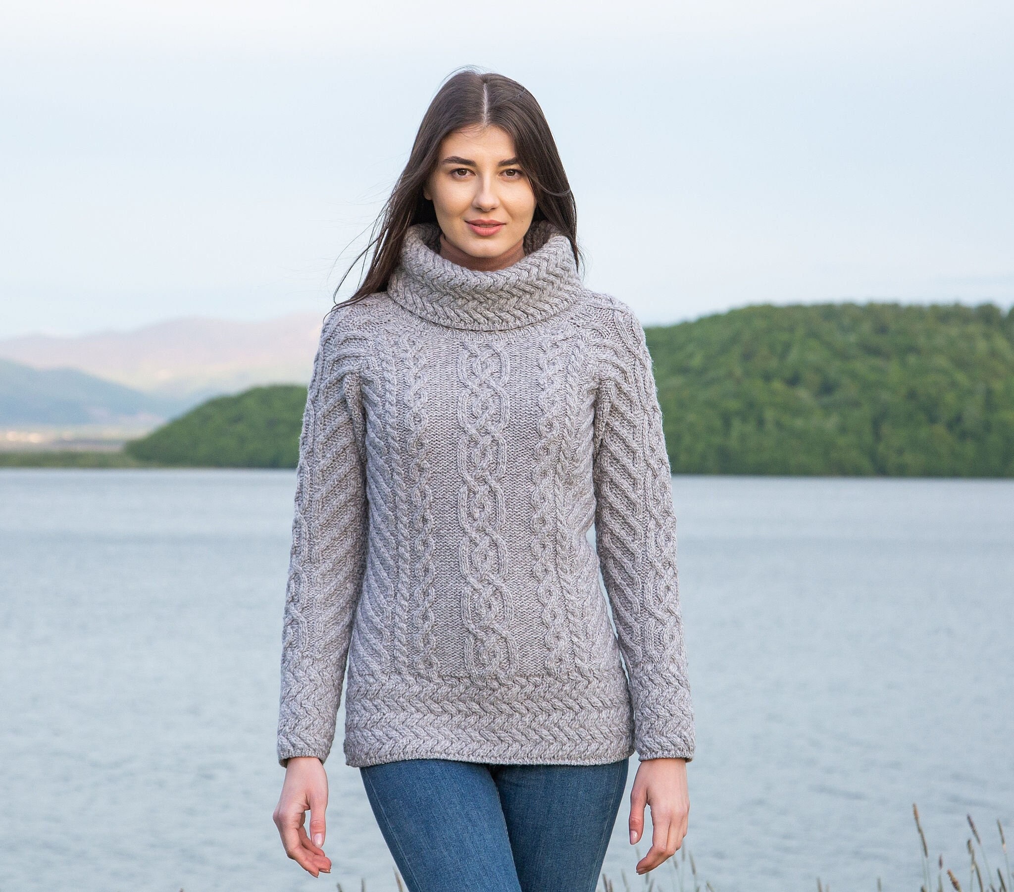 Aran Fisherman Roll Neck Collar Sweater for Lady 100% Merino - Etsy