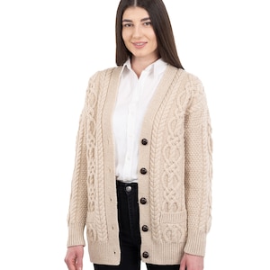 SAOL Cable Knit Boyfriend Cardigan with Front Pockets, 100% Merino Wool Cable Knit Sweater for Women, Made in Ireland image 3