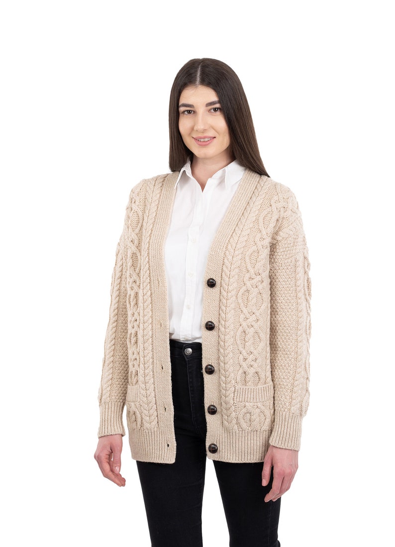 SAOL Cable Knit Boyfriend Cardigan with Front Pockets, 100% Merino Wool Cable Knit Sweater for Women, Made in Ireland image 3