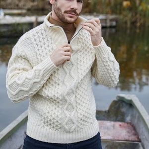 Aran Fisherman Half Zip Sweater Cardigan, 100% Pure Merino Wool Cable Knit Cardigan for Men, Made in Ireland image 4