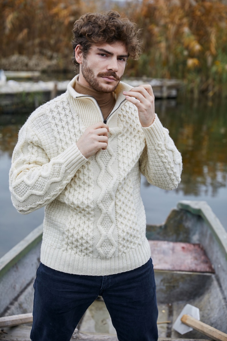 Aran Fisherman Half Zip Sweater Cardigan, 100% Pure Merino Wool Cable Knit Cardigan for Men, Made in Ireland image 4