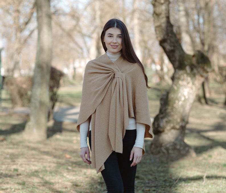 Lightweight Draped Poncho Shawl for Ladies, Women's Lambswool Draped Shawl, Irish Wool Ruana Wrap, Made in Ireland Camel