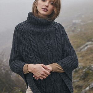 Aran Cowl Neck Knit Poncho for Women: 100% Merino Wool Wrap Shawl Winter Soft, Warm Cape Irish Aran Knitting Mantle One Size Fits All Charcoal